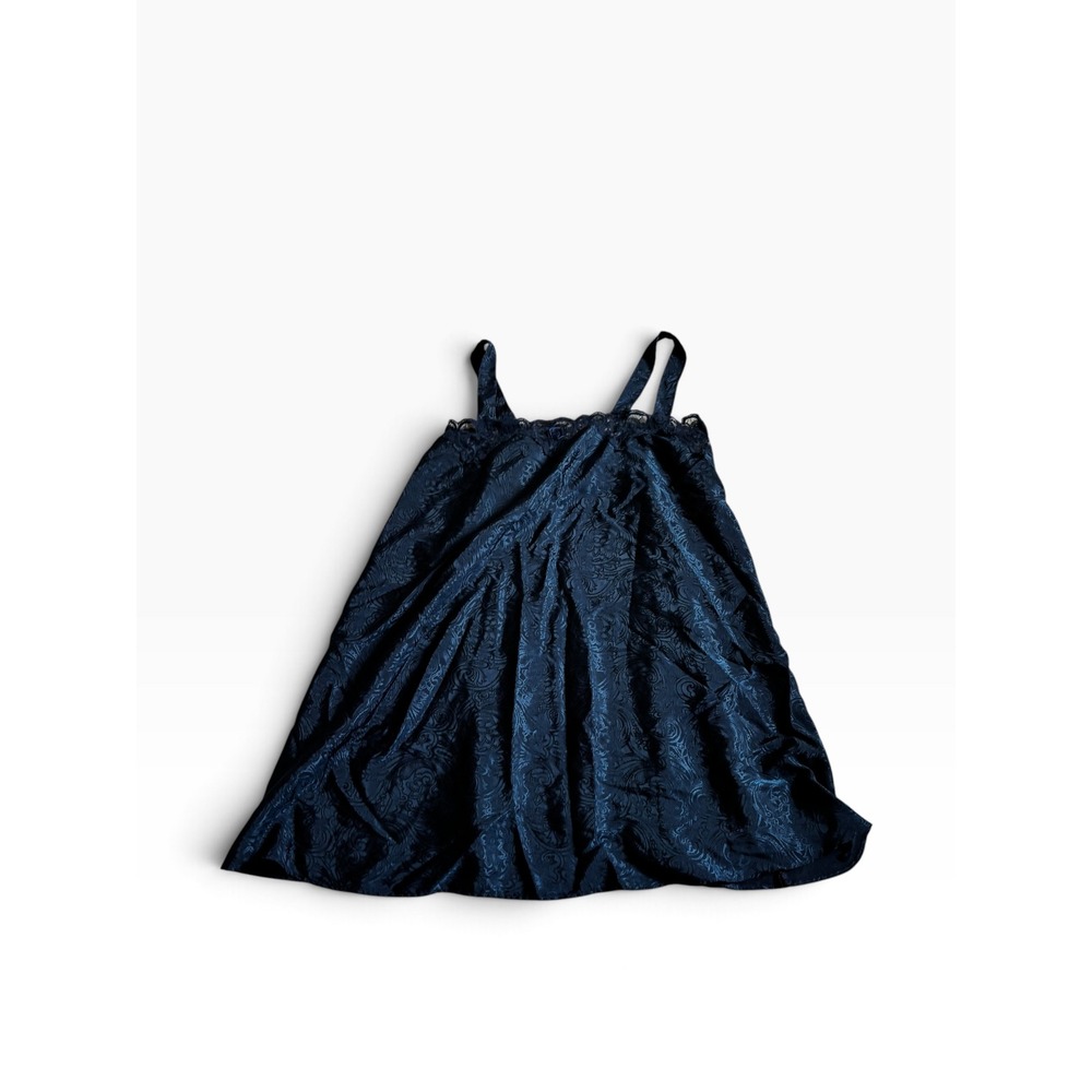 Y2K Adonna Nightgown M Navy Blue Lace Trim Paisley Jacquard Lingerie Chemise